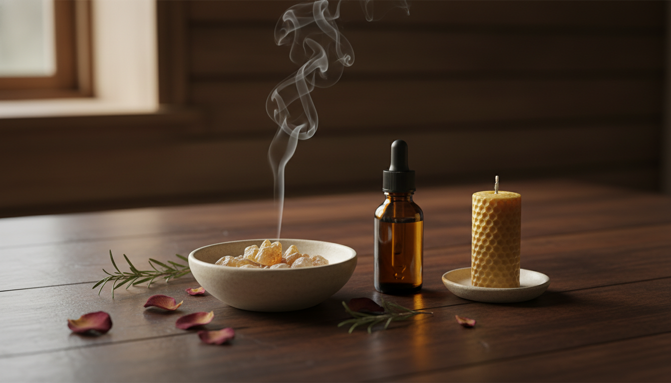 Pequeno Altar Doméstico Com Tigela Cerâmica Contendo Resina De Olíbano Fumegante, Frasco Âmbar De Óleo Essencial, Vela De Cera Não Acesa, Pétalas De Rosa Secas E Ramo De Alecrim Sobre Mesa De Madeira Escura.