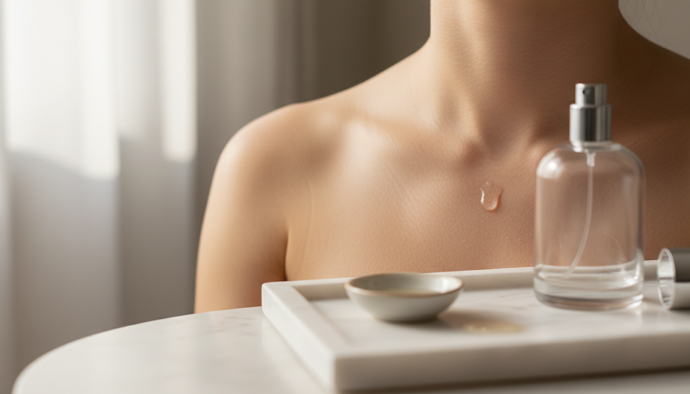 Close-Up Parcial Do Pescoço E Base Da Garganta De Uma Pessoa, Com Pequena Gota De Óleo Cosmético Sobre A Pele E Um Frasco De Perfume Em Bandeja Ao Lado, Iluminação Natural Em Estilo Editorial.