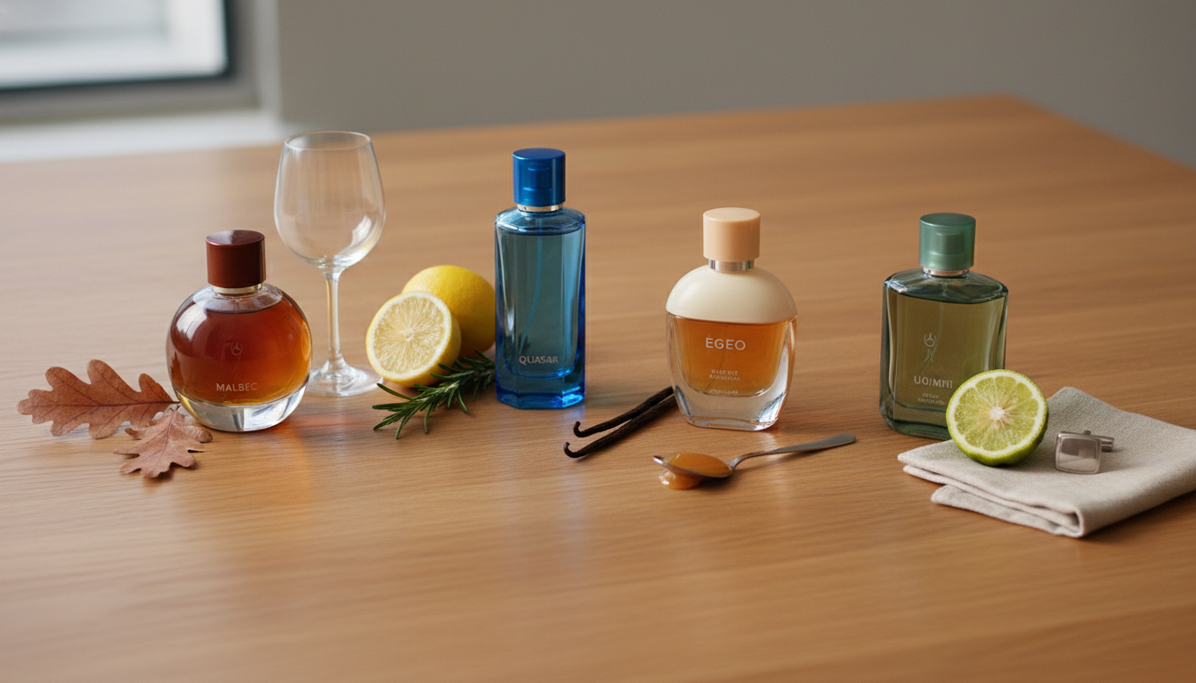 Ainda De Mesa Editorial Com Quatro Frascos De Perfume Sem Rótulos Sobre Madeira, Cada Um Acompanhado Por Um Pequeno Elemento Sensorial: Taça E Folhas De Carvalho, Meio Cítrico Com Alecrim, Fava De Baunilha Com Colher De Caramelo E Fatia De Bergamota Com Linho And Elegante.