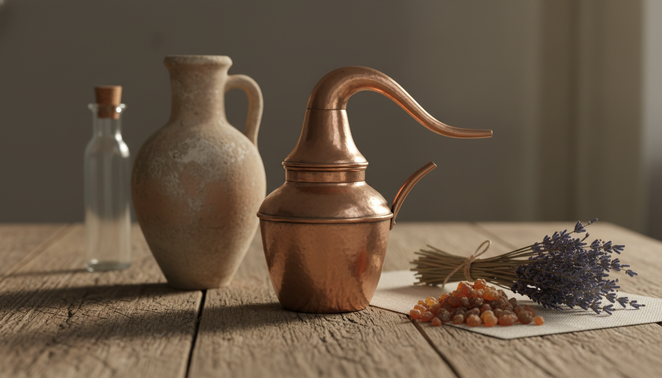 Composição Editorial Com Alambique De Cobre Central, Ânfora Antiga, Resinas E Raminho De Lavanda Sobre Mesa De Madeira